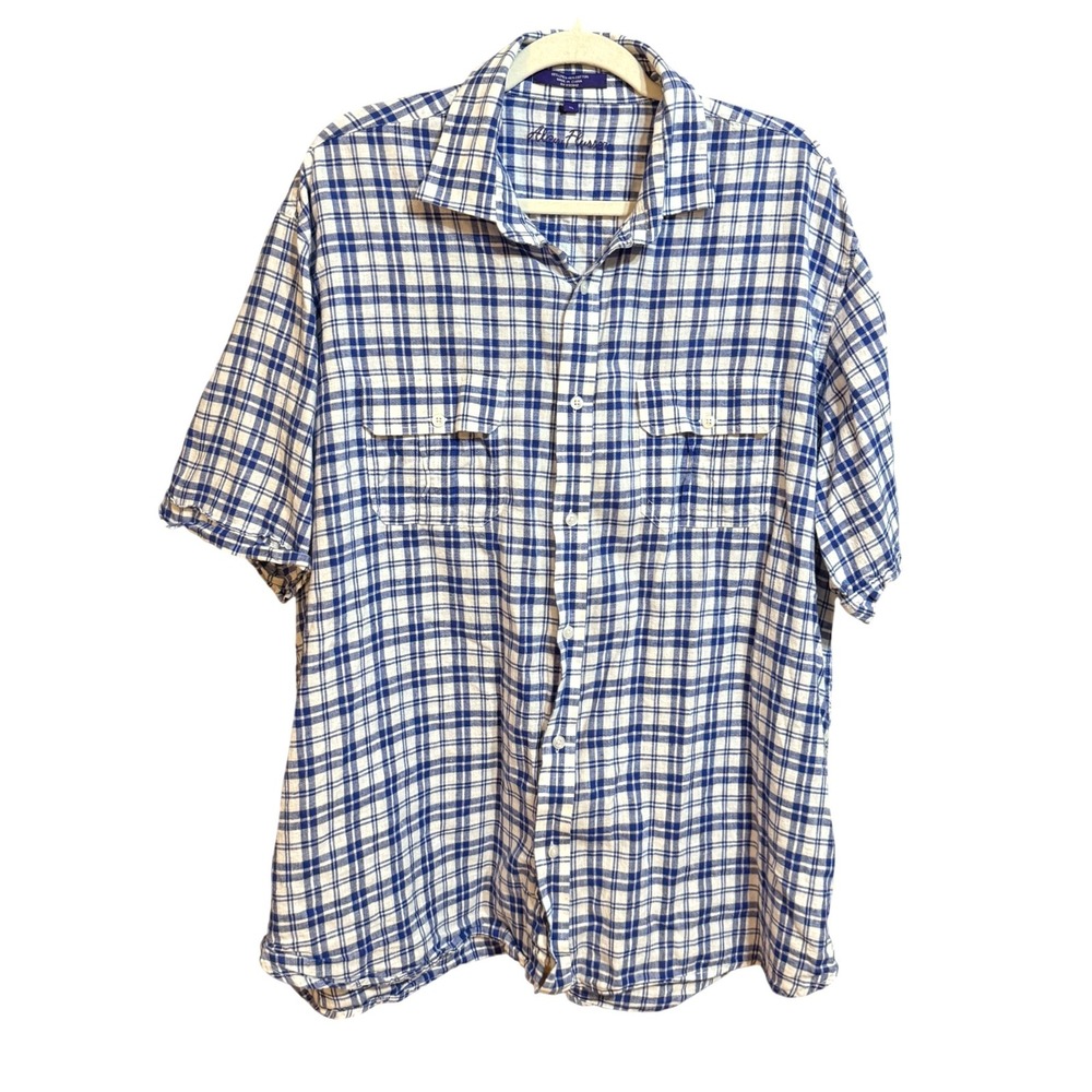 Alan Flusser Mens XL Blue White Plaid Linen Blend Short Sleeve Button Down Shirt